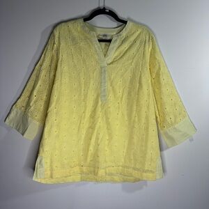 Appleseed’s Yellow Eyelet Blouse L Cotton Lace 3/4 Sleeve Top